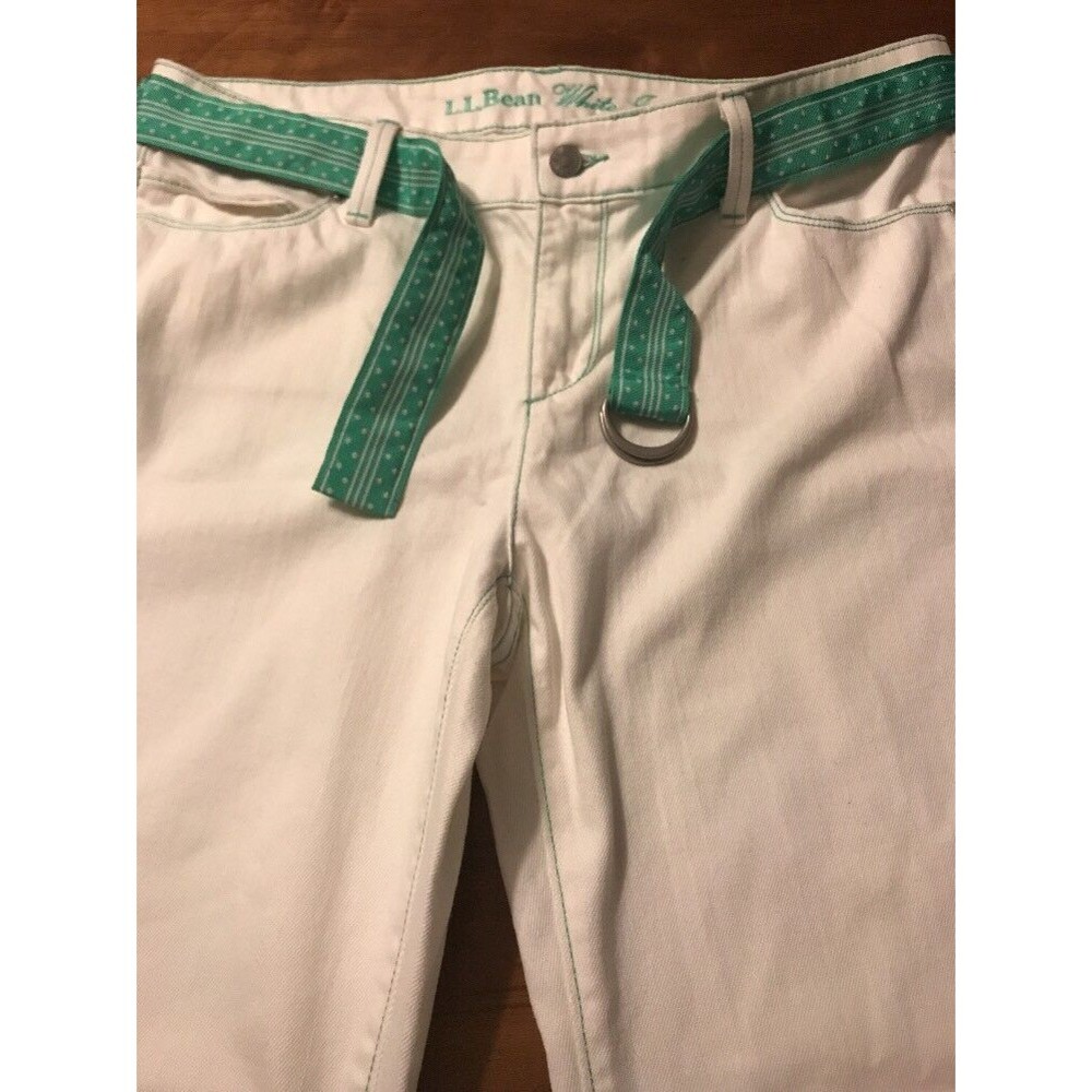 L.L. Bean Women's Jeans Belted White Bootcut Stretch Green Stitched Size 14